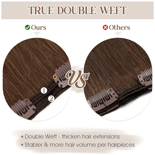 Elailite Clip in Hair Extensions Real Human Hair Double Weft Thick 8pcs Weft Medium Brown 16 Inch 130g Remy Hairpieces Balayage Full Head Straight for Women