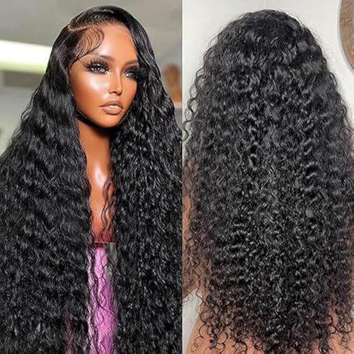 32 Inch Wig Human Hair Deep Wave Wig Natural Black 4x4 Lace Wig Human Hair 200% Density Wet and Wavy Lace Fronral Wig with Baby Hair Pre Plucked For Black Women