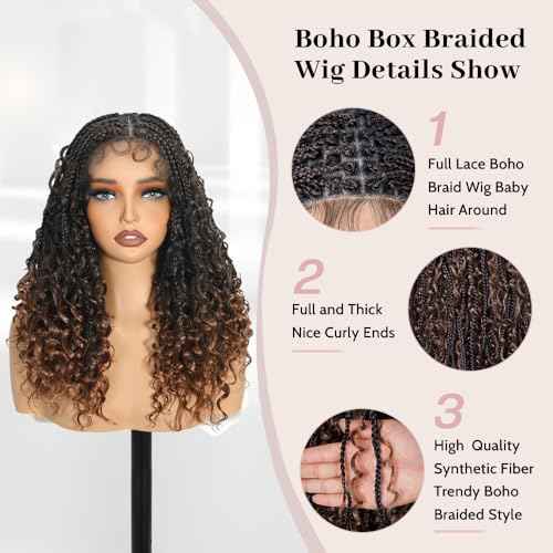 Short Boho Braided Wigs for Black Women Glueless Double Full HD Lace Human Hair Blended Braid Wig with Bohemian Curly Ends Goddess Boho Box Braids Wig (Dark Brown, 16 Inch)
