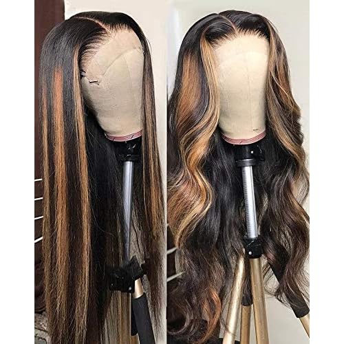 Smartinnov Dart Roots Brown Highlight Wig Ombre Blonde Human Hair Natural Black Mixed Medium Brown Highlights 13x4 Lace Front Pre Plucked with Baby Hair Silky Straight 16" 150% Bleached Knots Wigs