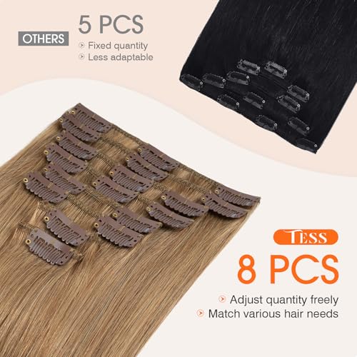 TESS Seamless Clip in Hair Extensions Human Hair Remy Clip ins Natural Soft Straight 8pcs 18Clips, 18 Inch, Light Brown