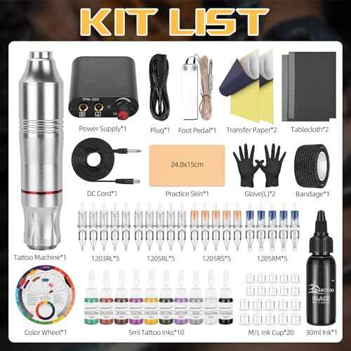 Tattoo Pen Kit Tattoo Cartridge Needles Tattoo Machine for Beginners Rotary Tattoo Pen Kits Complete Tattoo Sets (SILVERY)
