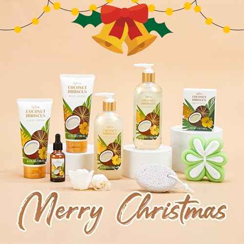 Bath and Body Set, Spa Gifts for Women, 10Pc Coconut Pamper gift Kit for Mum, Includes Bath Salt, Massage Oil, Bubble bath, Body Lotion, Tote Beach Bag, Valentines Eid Beauty Birthday Gift for her