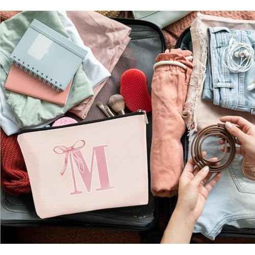 Initial Coquette Pink Bow Custom Makeup Bag,initial M Personalized Teen Girl Gifts,Trendy Preppy Cute Monogrammed Gifts Girly Makeup Pouch Zipper Pouch for Women Teen Girl
