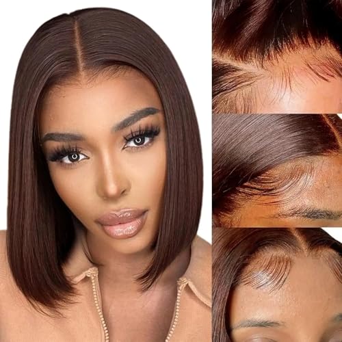 #4 Brown Bob Lace Front Wigs Human Hair Straight HD Transparent Brown Bob Wig Human Hair Wear and Go Glueless Wig Pre Plucked Short Bob Wigs For Black Women 14inch