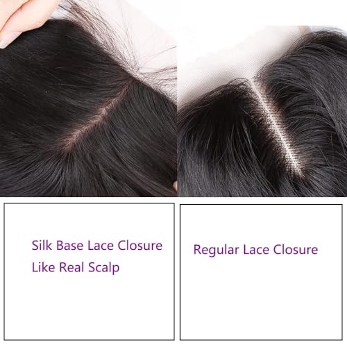 4x4 Silk Base Lace Closure with Baby Hair Pre Plucked Brazilian Virgin Straight Natural Black Color Human Hair Free Part Toppers Closure For Women (16inch)