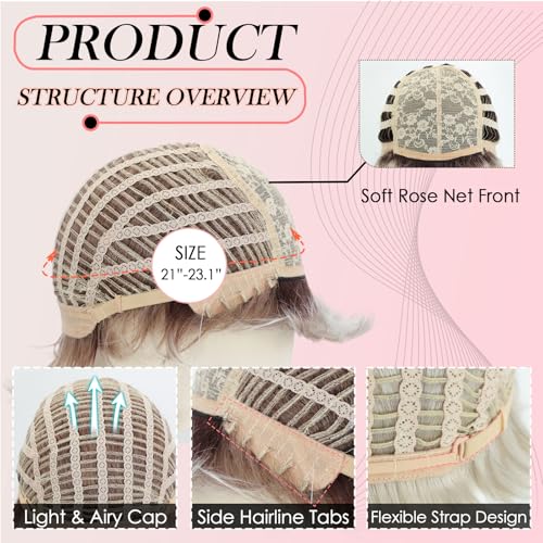 WIGYY Short Pixie Wig for White Women ? Curly Ash Blonde Wig with Dark Roots, Heat-Resistant Synthetic Wig with Bangs, Lightweight Glueless Cap for Older Women Daily Wear
