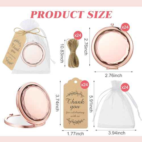 Barydat 24 Set Rose Gold Compact Mirrors Bulk Crystal Compact Makeup Double Sided Pocket Mirrors for Women Bridesmaids Wedding Gift for Bridal Shower Party Favors Christmas Party Gifts