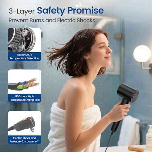 Hair Dryer with 150000 RPM High Speed 1400w Motor for 1-5min Fast Dry, 3 Heat/Cool Wind Level & 49db Low Noise,1.5 Billion Plasma & Industry-Leading Strong Magnetic Nozzle Diffuser Travel Blow Dryer