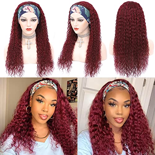 Eooma 99J Burgundy Headband Wig Human Hair for Black Women 10A 180% Density Brazilian Kinky Curly Human Hair Headband Wigs Scarf No Gel Gluelees 18 Inch Remy Hair