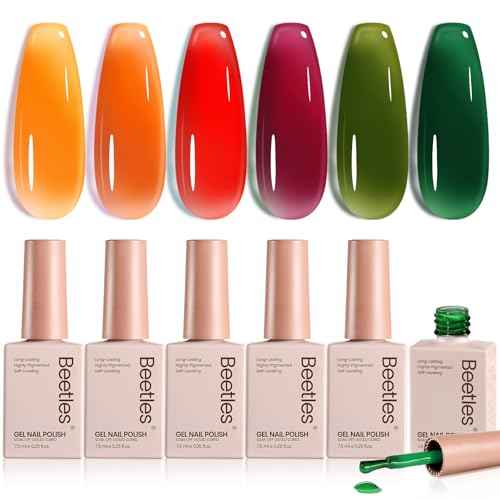 Beetles Jelly Gel Nail Polish Set - Autumn Prism Jelly Gel Polish, 6 Colors Fall Gel Polish Kit Yellow Orange Burgundy Red Purple Green Sheer Translucent Soak off UV Nail Art Manicure Gift for Women