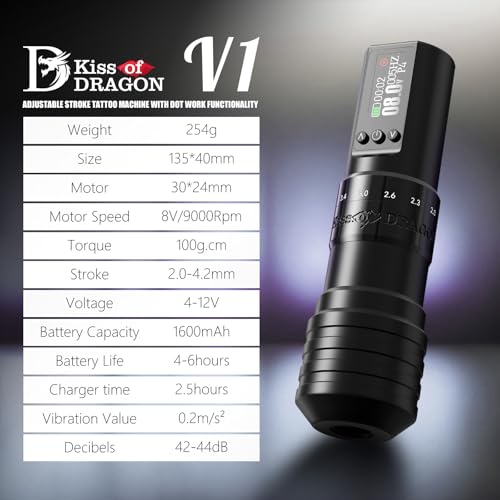 Tattoo Gun Kit Complete Wireless Tattoo Machine Kit, Kiss of Dragon V1 Rotary Adjustable Stroke Tattoo Pen with 1600 mAh Cordless Battery Tattoo Cartridge Needles Set for Beginners