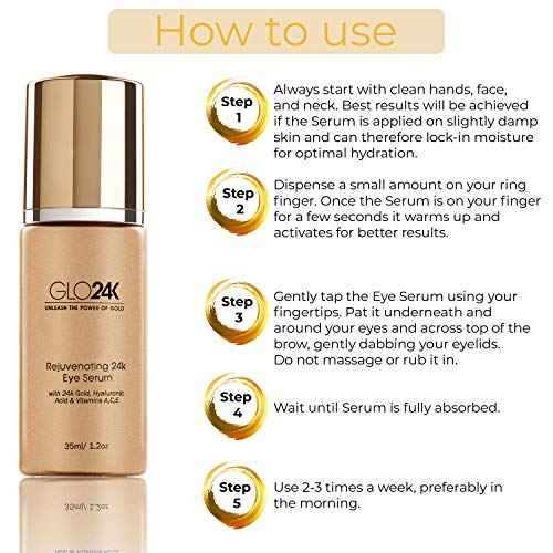 GLO24K Eye Serum with 24k Gold, Hyaluronic Acid, and Vitamins A,C,E. Potent Formula for the delicate skin around the eyes.