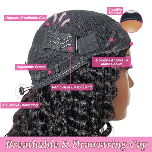Curly Half Wig Human Hair 180% Density Deep Wave Glueless Wigs Upgrade 3 In 1 Wigs Beginner Friendly Seamless Flip Over Drawstring Curly Wig Ready to Go Headband Wig Natural Black Color 16 Inch