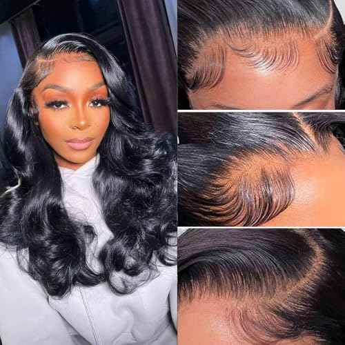 14 Inch 13x6 Body Wave Lace Front Wigs Human Hair 180 Density HD Lace Frontal Wigs Human Hair Pre Plucked Human hair Wig for Women Natural Black