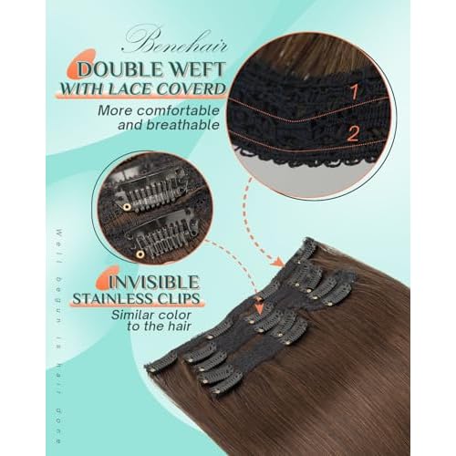Benehair Clip in Hair Extensions Real Human Hair 22inch Double Weft Dark Brown Hair Extensions Clip in Human Hair Invisible Lace Weft Straight Hair Extensions Clip ins 7pcs with 16 Clips 130g #2