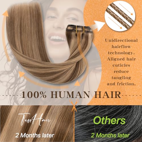 Remy Hair Extensions Clip in Human Hair 16 Inch Clip in Extensions Real Human Hair Straight Real Hair Extensions Clip in Human Hair 110g 7Pcs, Medium Brown Mixed Dark Blonde # 4P27