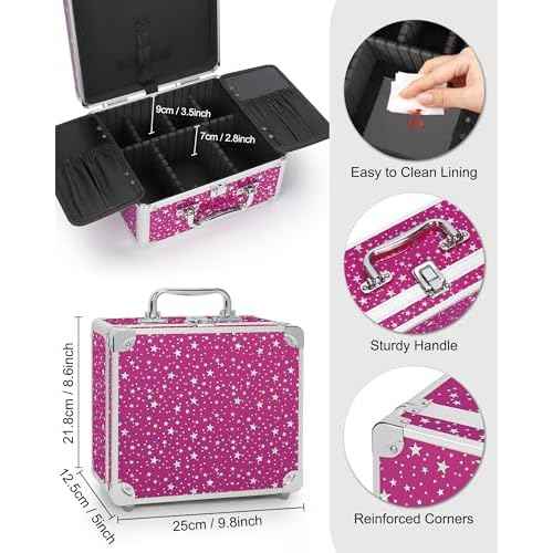 Relavel Makeup Bag with LED Mirror, Makeup Box Travel Train Case with Rechargeable Lighted Mirror, Cosmetic Brush Organizer Storage for Makeup Artists Gifts for Women and Girls, Hot Pink Shining Star