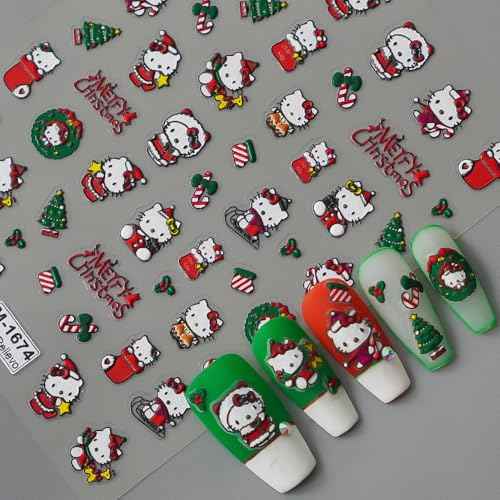 Cute 5D Relief Nail Art Sticker Decals Self Adhesive Christmas Cat Design Nail Decals Cartoon Cat Designer Nail Stickers for Women DIY Manicure Xmas Nail Stickers Decoration Accessories Supply