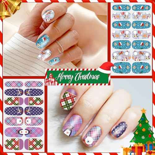 DANNEASY 24 Sheets Christmas Nail Wraps Cute Holiday Nail Polish Stickers Stick on Nail Polish Strips Self Adhesive Gel Fingernail Stickers Nails for Women with Nail File, Cuticle Stick