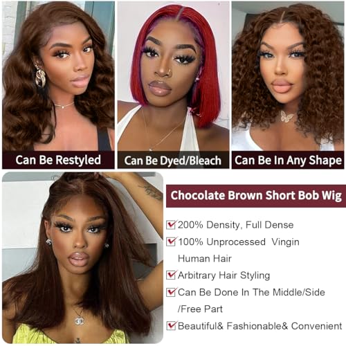 LICHANG Human Hair Wig Chocolate Brown Lace Front Bob Wigs Human Hair 200% Density 13x4 HD Transparent Lace Front Straight Short Bob Wigs for Women Wigs Baby Hair Natural Hairline 14 Inch