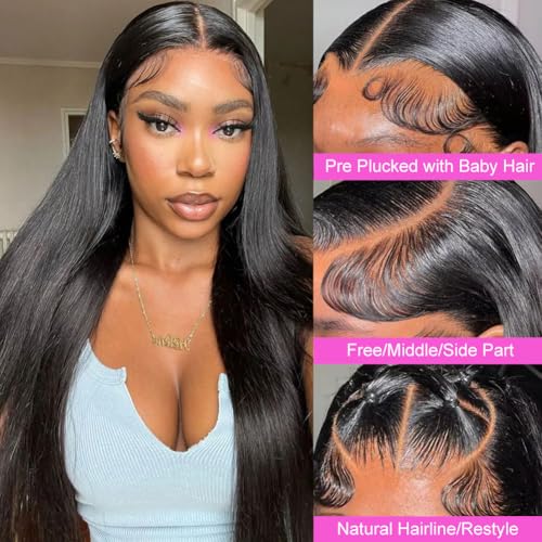 Straight Lace Front Wigs Human Hair 200 Density HD Lace Front Wigs 28 Inch Straight Hair Wig with Baby Hair Virgin Straight Lace Frontal Wig Human Hair Natural Black