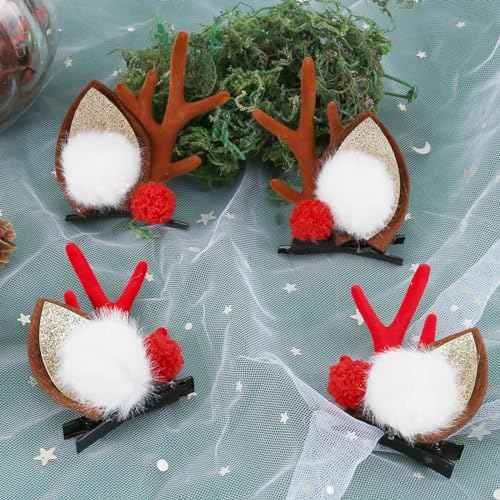 Boobeen Christmas Hair Clip - 2 Pairs Cute Reindeer Antlers Ears Accessory Headdress Hairpin for Party (10-13)