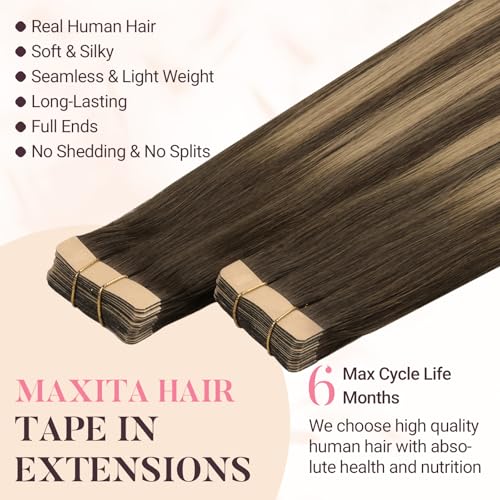 MAXITA Tape in Hair Extensions Human Hair, Balayage Chocolate Brown to Caramel Blonde, 24inch 50g 20pcs, Remy Silky Real Human Hair Extensions Thick Ends Straight Seamless Tape in Hair Extensions