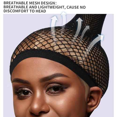 Fandamei Wig Cap, Hair Net for Wigs for Women, 30 CM Large Mesh Wig Cap for Long Hair, Nylon Hair Net Non Slip for Halloween Rave Party Cosplay-Black 2 PCS