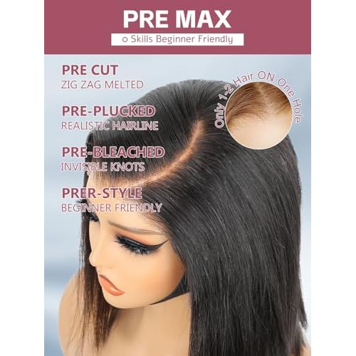 ORIGINAL QUEEN OQ Hair Glueless Wigs Human Hair Bob Straight Side Part 5X7 Pre Plucked Pre Cut Pre Bleached Wear and Go Wigs Human Hair Short Straight Bob Wigs for Women 12Inch