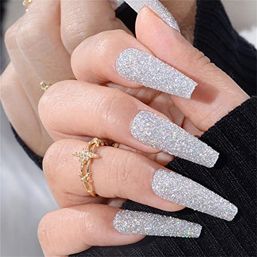 Sparkly Shiny Long Coffin Press On False Nails Medium Length Full Cover Acrylic Fake Nails Ballerina Nails for Women Lady Fashion Nails for Nail Salons and Home DIY Nail Art 24PCS (BKS1270 Silver)