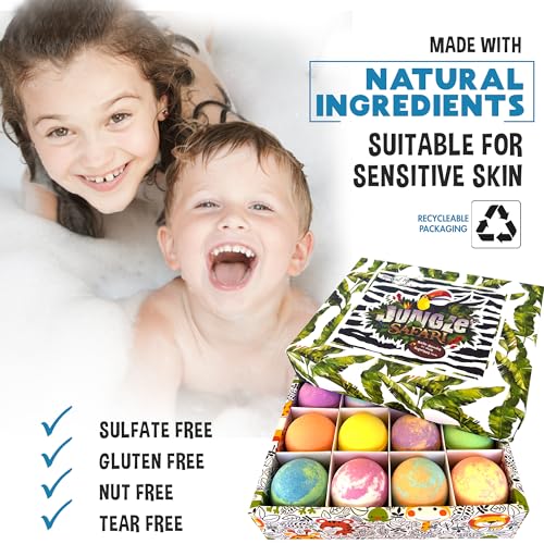 Bath Bombs for Kids with Surprise Inside, 12 Bubble Bath Fizzies with Jungle Animal Toys. Moisturizing, Gentle & Kids Safe, Rainbow Spa Bath Fizz, Stocking Stuffers Christmas Gifts for Boys, Girls