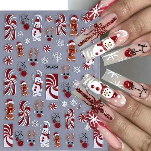 8Sheets Christmas Nail Stickers, Winter Nail Decals 3D Self-Adhesive Red Green Snowflake Bell Xmas Tree Reindeer Winter Nail Design Holiday Nail Art Decoration for Women Girls