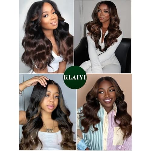 KLAIYI Ombre Brown Body Wave Bundles Human Hair Extensions with Dark Roots 100% Unprocessed Brazilian Real Virgin Hair Weaves Chestnut Brown Double Wefts 12A Wavy One Bundle 20Inch Sew in Piano Color