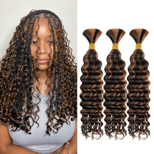 Human Braiding Hair for Boho Knotless Braids Deep Wave Bulk Human Hair 10A Brazilian Virgin Human Bohemian Hair for Braiding Wet and Wavy 3 Bundle 16 Inches 120g Balayage Black to Brown 1BP30