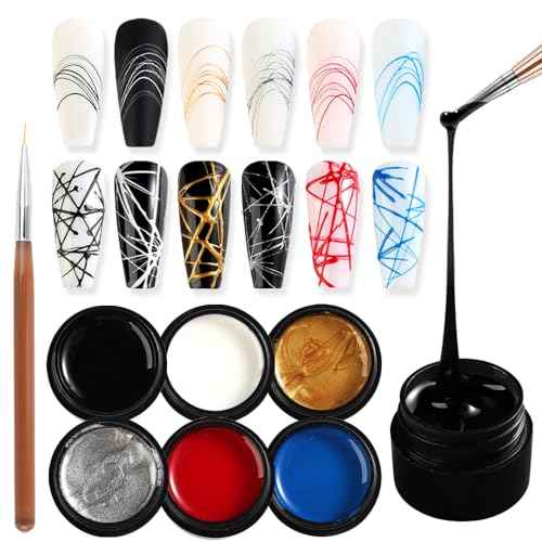 6 Colors Spider Gel Set, Elastic Drawing Spider Gel with Nail Art Brush, White Black Red Blue Gold Silver Paint Wire Drawing Gels Polish Manicure DIY Nail Designs