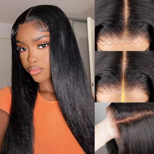 26 Inch Straight Human Hair Glueless Wigs 100% Human Hair Bleached Knots Upgraded Lace Front Wigs Pre Cut Straight 6x4 Glueless Lace Closure Wigs for Women 180% Density Invisible Melt Skin
