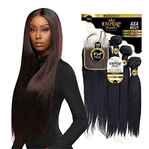 Sensationnel Empire bundles multi - straight with 4x4 closure 10a tangle shed free human hair for weaving and sew in styles (12 14 16 Inch, NATURAL)