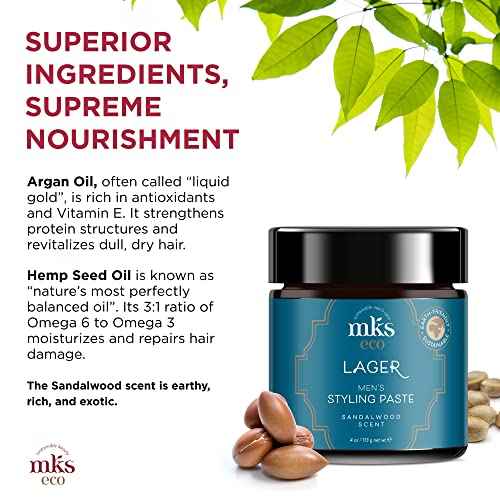 MKS eco for Men Lager Styling Paste, Sandalwood Scent - 4 oz - Flexible Definition - Adds Volume & Texture - With Hemp Seed Oil & Argan Oil - Vegan, Cruelty Free