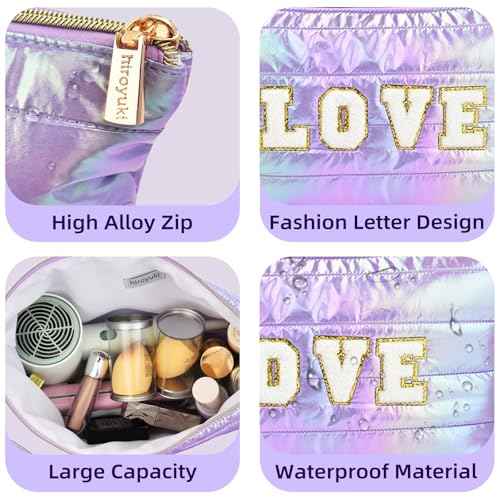 ARISTOTE Personalized Initial Quilted Makeup Bag, Large Cute Cosmetic Bag, Cotton Iridescent Travel Toiletry Organizer Bags, Gifts for Girl Girlfriend Teen Girls Gift Trendy Stuff (LOVE, purple)