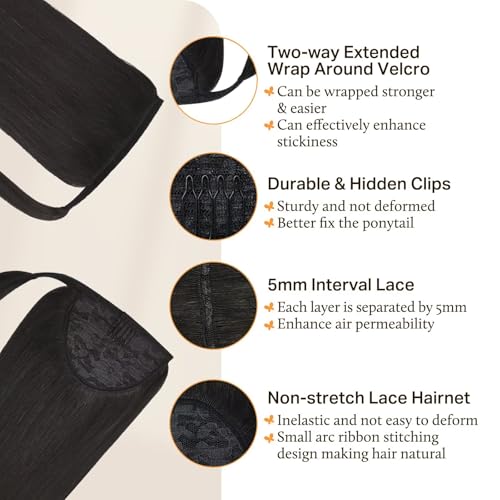 DOORES Human Hair Ponytail Extensions Natural Black 16 Inch 80g Clip in Hair Extensions Remy Hair Extensions Ponytail Straight Natural Wrap Around Ponytail with Magic Paste