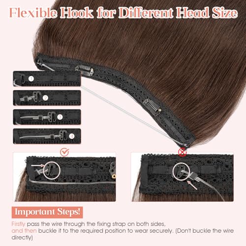 Hairro Wire Hair Extensions Human Hair, Fish Line Invisible Adjustable & Clips in Extensions Straight, 100% Real Hairpieces Seamless Blending for Women, 16 Inch 80g Dark Brown