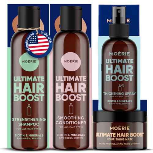 Moerie Shampoo and Conditioner Plus Hair Mask and Spray Mega Pack ? The Ultimate Growth Care ? For Longer, Thicker, Fuller Hair - Volumizing Products ? Paraben & Silicone Free - 4 items