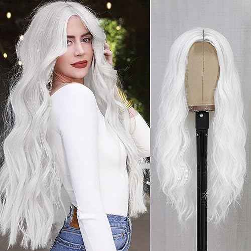 White Wig - Long White Wavy Wigs for Women Middle Part Cosplay Wigs 26 inch Natural Curly Synthetic Wig Heat Resistant Fiber Wigs for Daily Party Use