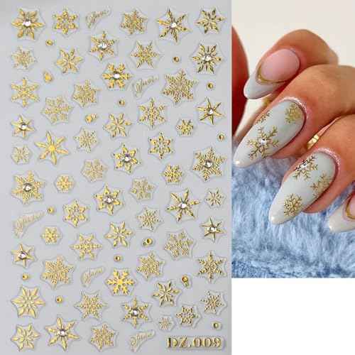 Snowflake Nail Stickers, 3D Embossed Christmas Nail Decals with Rhinestones Gold Silver Black White Snowflake Winter Nail Art Design for Women Girls(4 Sheets)