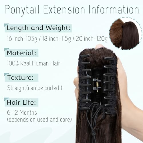 S-noilite Claw Clip Ponytail Extension Human Hair #2 Dark Brown Real Remy Human Hair Ponytail Extension 14inch Long Straight Hair Pony Tails Hair Extensions For Women 105Grams