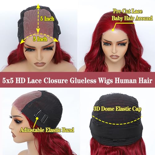 Wear and Go Glueless Wigs Human Hair Pre Plucked Pre Cut for Beginners 99j Burgundy Lace Front Wigs Human Hair Upgraded No Glue 5x5 HD Body Wave Lace Closure Wigs Human Hair for Women 24 Inch