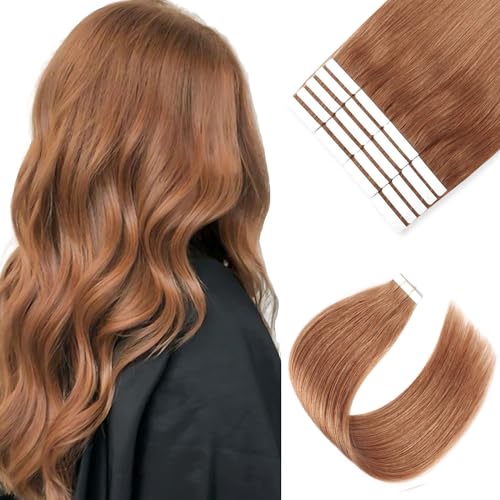 Sixstarhair Medium Auburn Tape in Hair Extensions Human Hair 50g Tape in Hair Extensions with Double Sided Tape [Color 30 Medium Auburn 22inch]