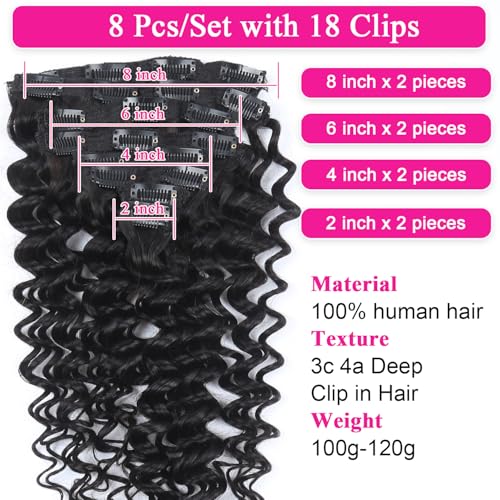 Deep Wave Clip in Hair Extensions Real Human Hair 22 Inch Deep Curly Clip ins for Women Invisible Seamless Remy Human Hair Clips in Extensions 8pcs 120g/4.2oz 20 Clips Double Weft Natural Black