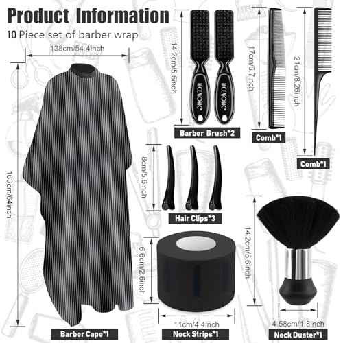 NICEMOVIC 10 in 1 Hair Cutting Barber Cape with Neck Duster Brush Barber Brush Neck Strips Hair Combs Hair Clips, Professional Barber Accessories Cleaning Supplies for Salon Haircut Styling (Stripe)